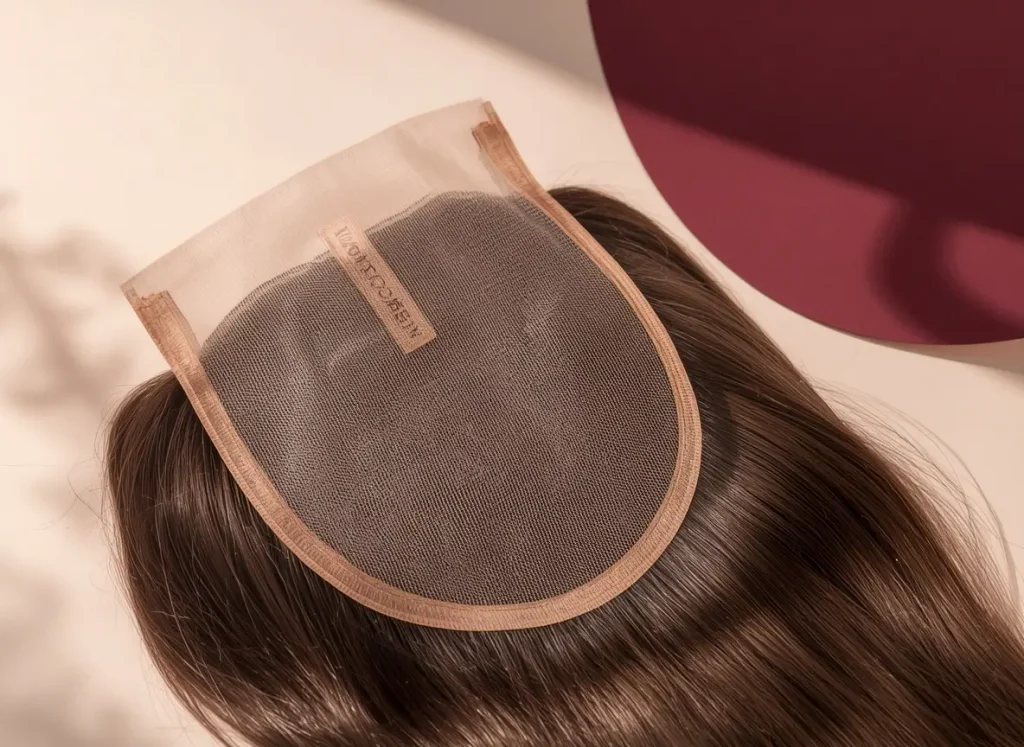 Close-up of a human hair topper base and natural-looking hairline.